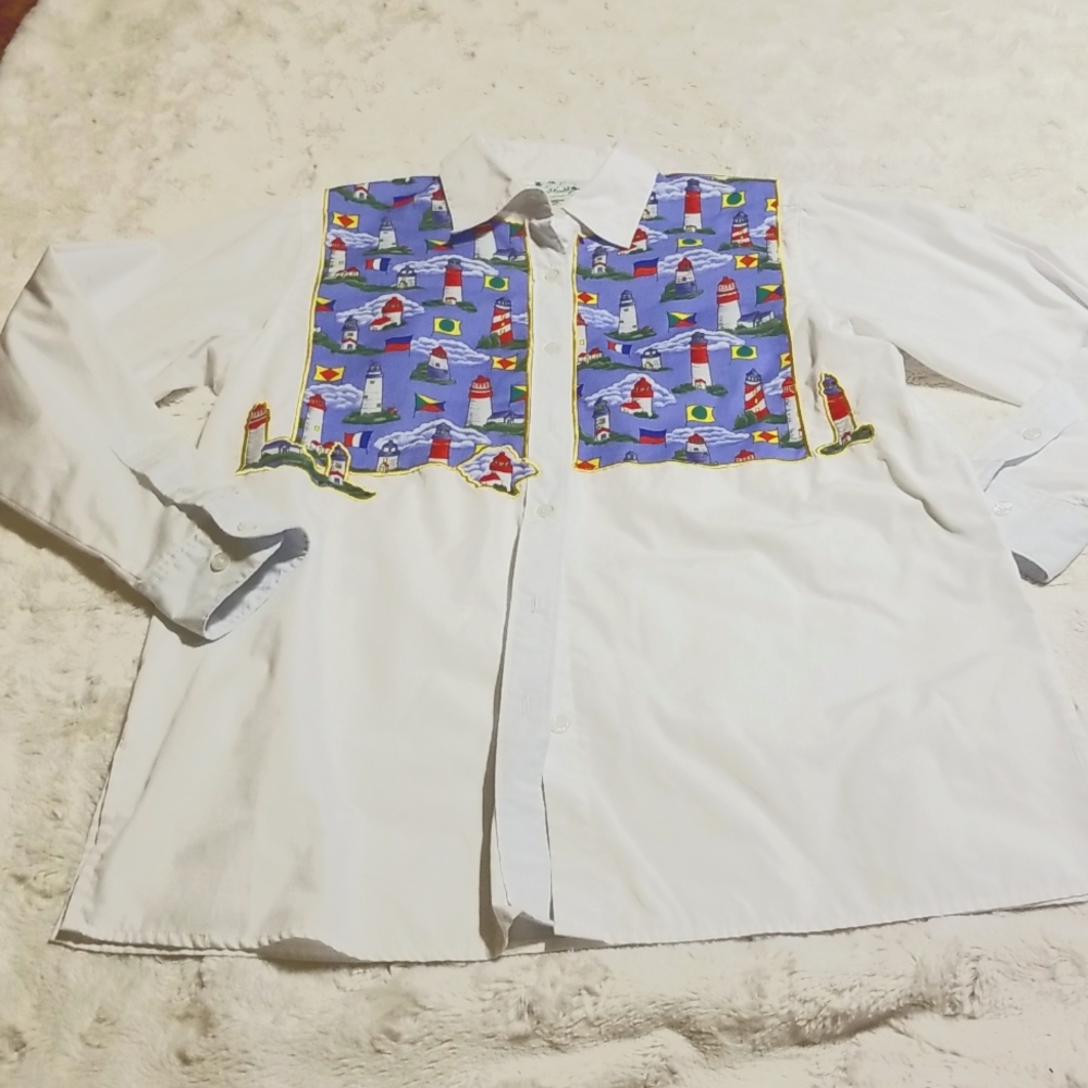 Vintage Quacker Factory Shirt Top Womens Size Small Lighthouse Button Down